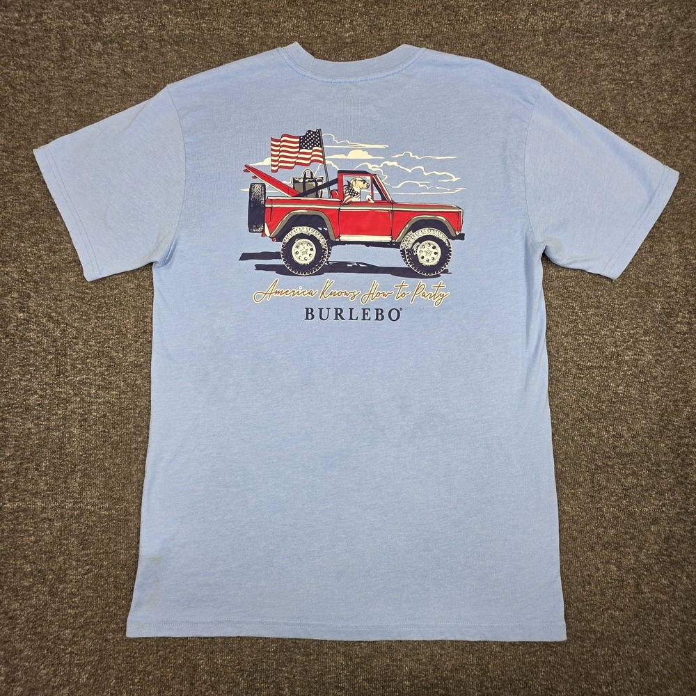 Burlebo T-Shirt Mens Sz M blue America knows how to Party Dog Truck Pocket T USA